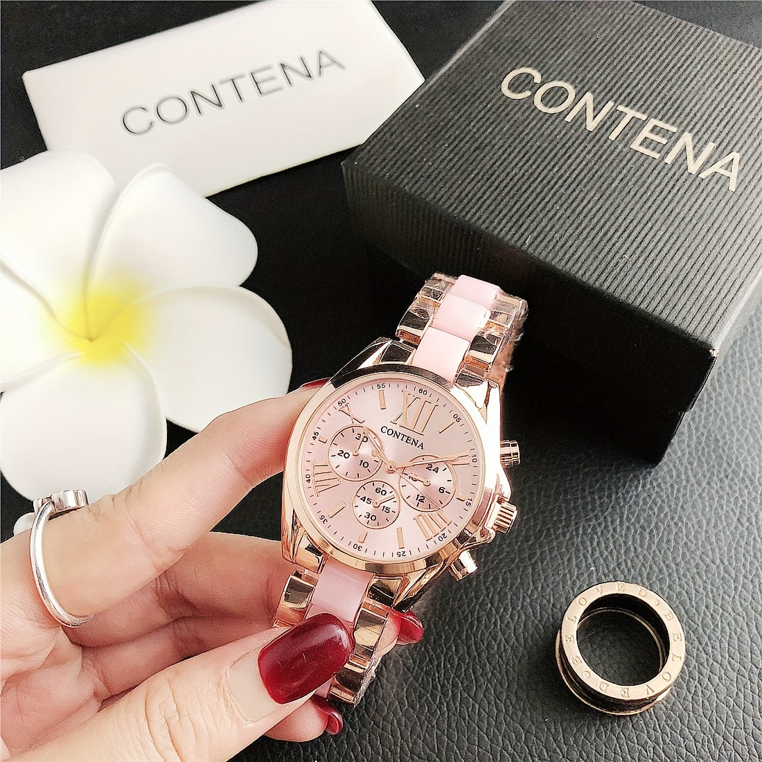 Reloj de mujer en oro rosa con cuarzo, fases lunares y calendario, pulsera de acero inoxidable