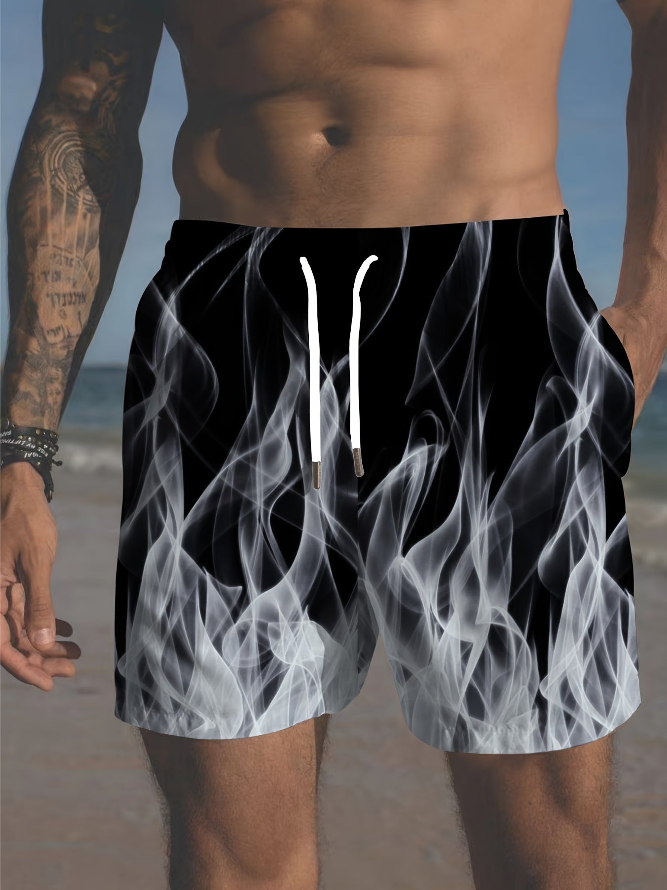 Bañadores cortos de playa para hombre con estampado de llamas, ropa de baño casual con bolsillos de cordón