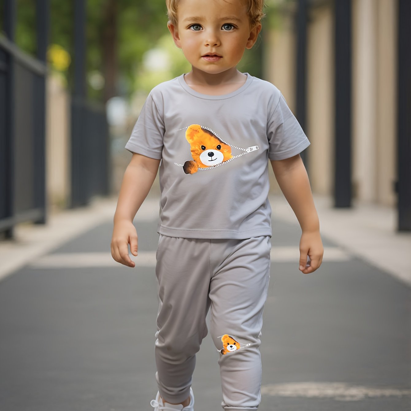 Kichkina O'g'il Bolalar T-shirt va shimlar to'plami Bahor yoz hayvonlari Teddy Bear bosma Polyester kundalik 12 va undan kichik