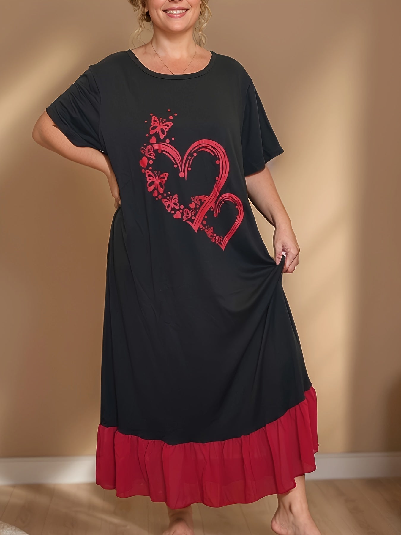 Plus Size Black Chiffon Nightgown with Red Ruffle Hem and Heart