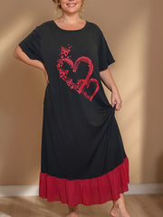 Plus Size Black Chiffon Nightgown with Red Ruffle Hem and Heart