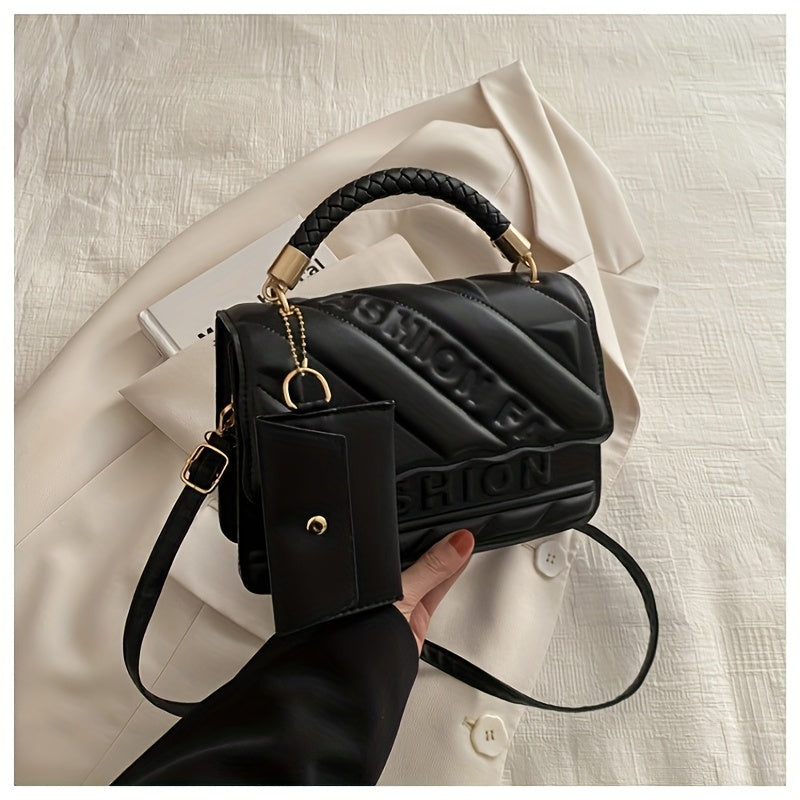 Chic ayollar uchun kesilgan sumka, tangalar uchun cho'ntak, braidlangan tutqich, oltin rangli apparatura, "FASHION" naqshi bilan bosilgan, chuqur jigarrang/qora rang, har qanday holat uchun ideal.