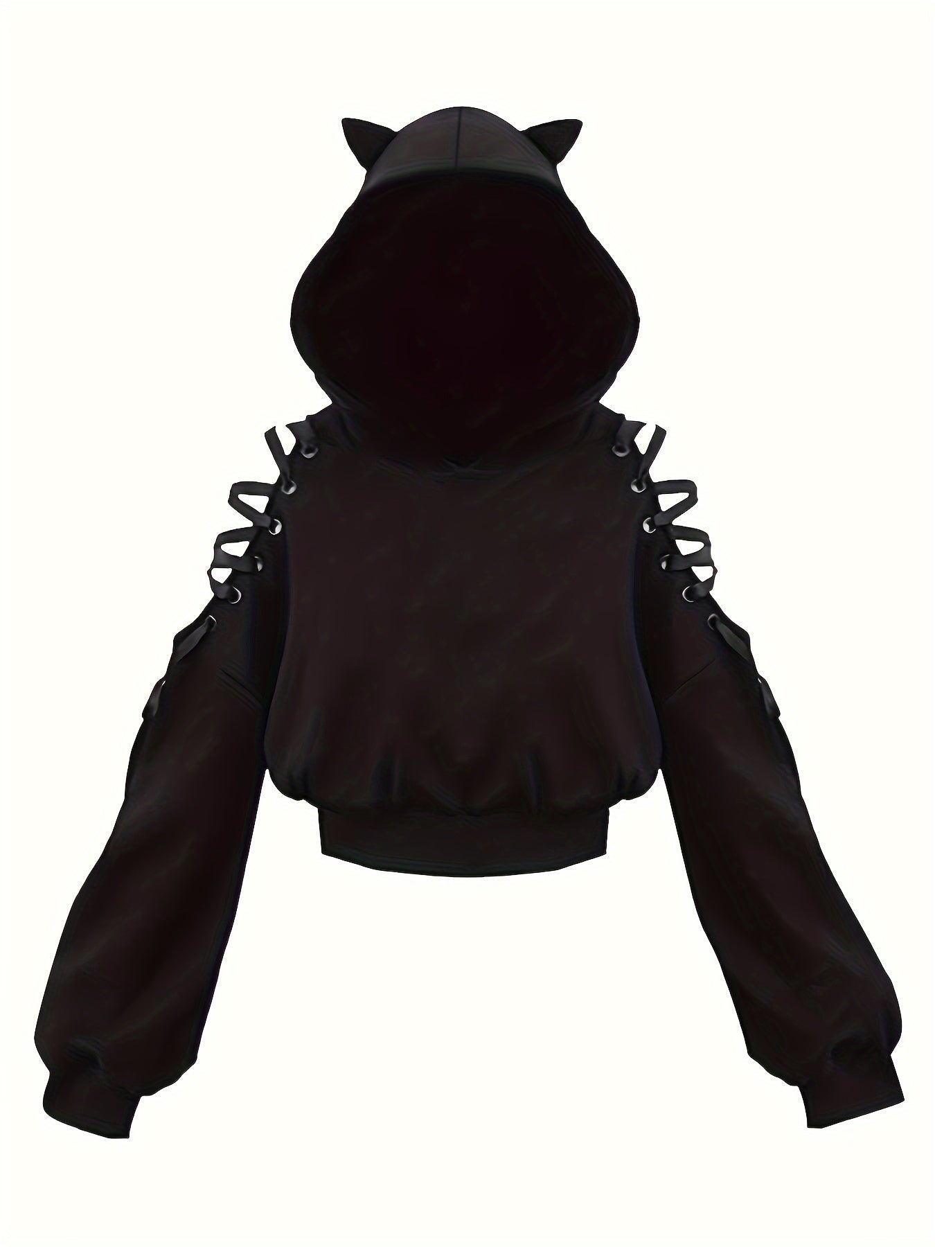 Women's Black Y2K Hoodie with Cat Ears, Stretchy Polyester Knit