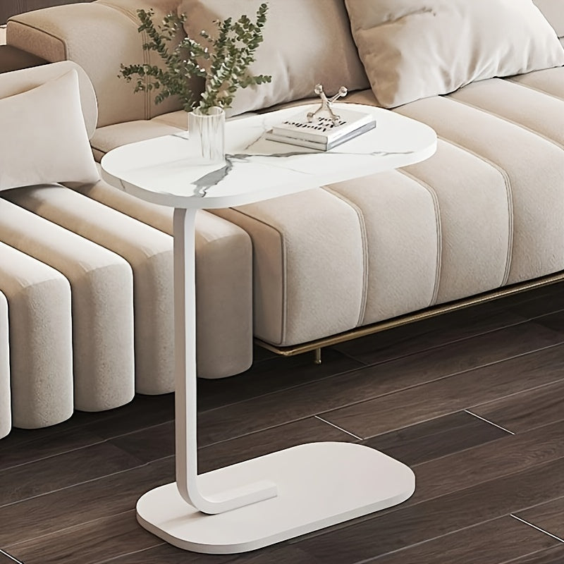 Hardwood Sofa End Table with Metal Base C-Shaped TV Tray for Living Room Bedroom