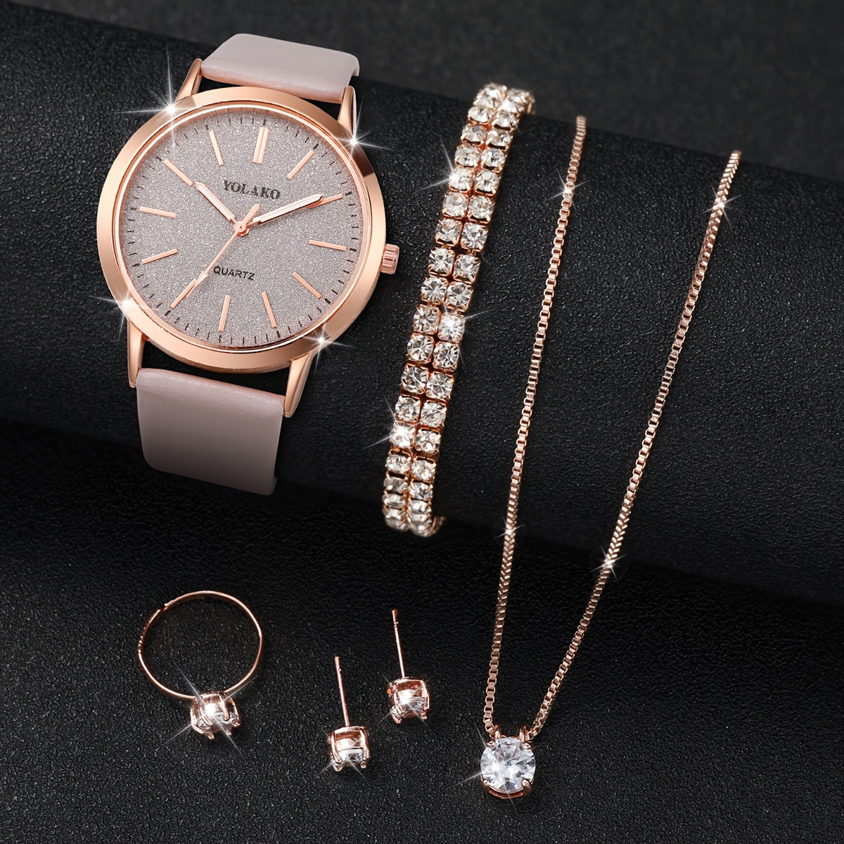Women's Quartz Watch with Matte Dial and Faux Leather Band with Jewelry Set