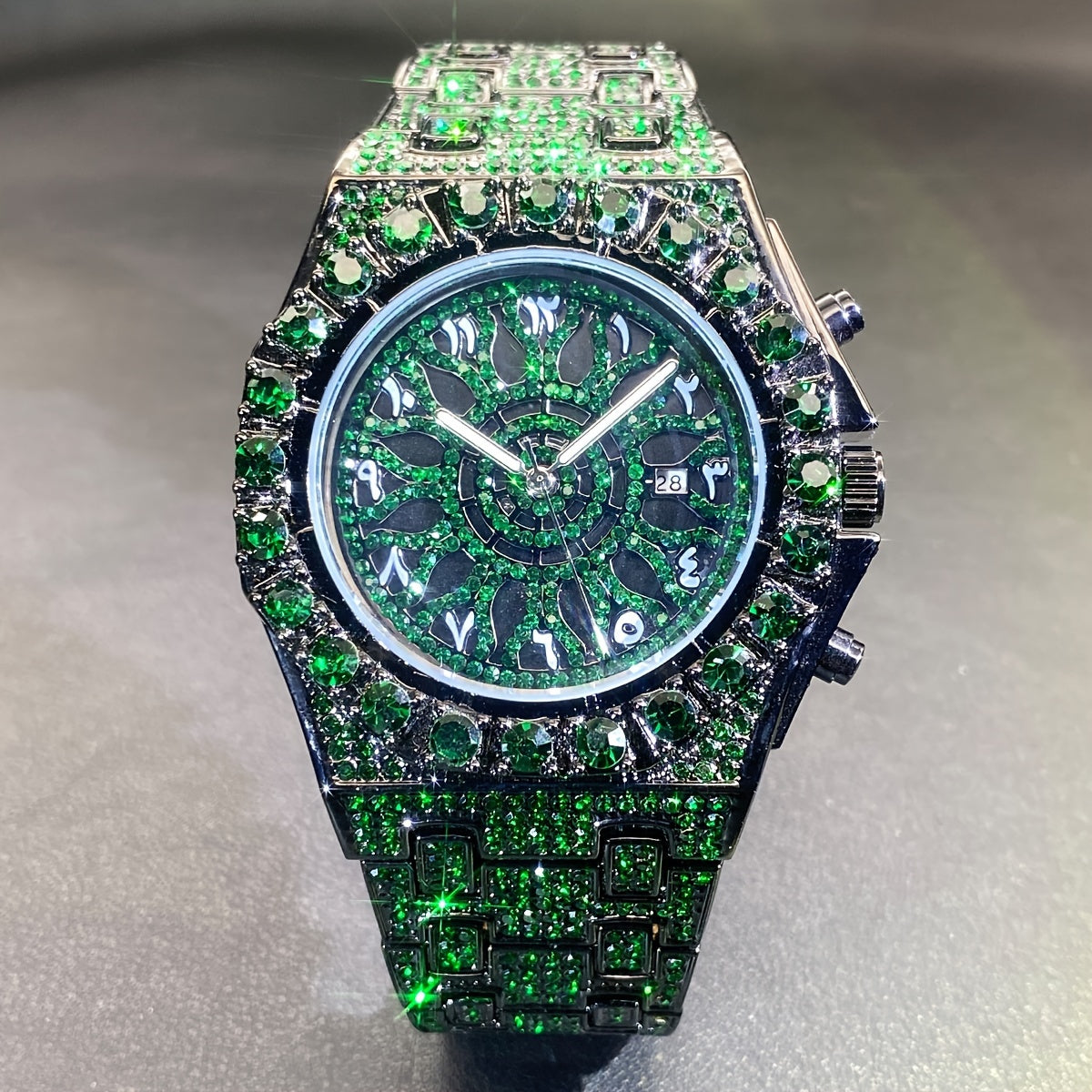 Men's Green Rhinestone Party Watch with Date Quartz Luxury Fashion Clock