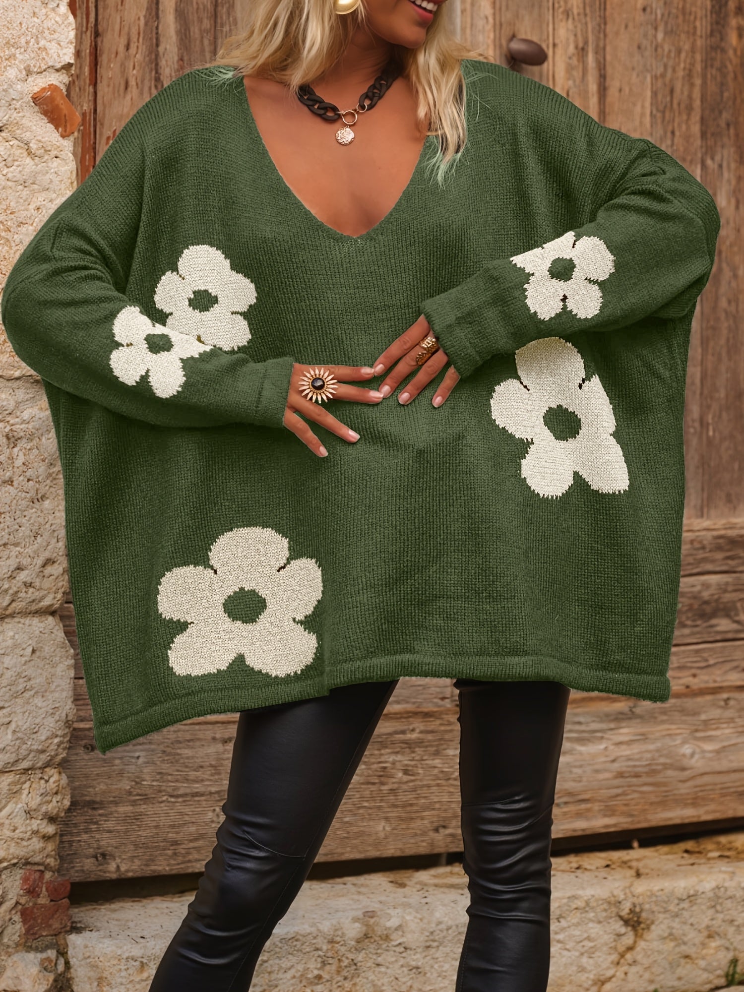 Женский свитер с V-образным вырезом и цветочным принтом plus size, темно-синий, с длинными рукавами