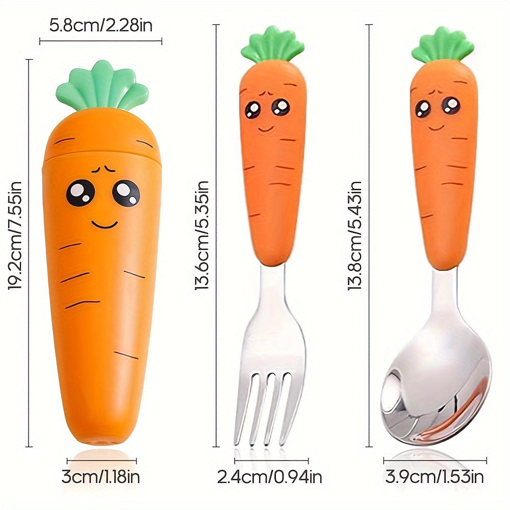 Set of 3 Travel Cutlery Pieces with Carrot Design Case Stainless Steel Spoon Fork BPA-Free Orange