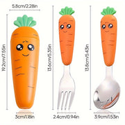 Set of 3 Travel Cutlery Pieces with Carrot Design Case Stainless Steel Spoon Fork BPA-Free Orange