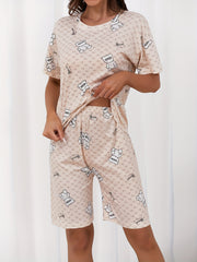Women's Summer Sleepwear Set with Bear and Letter Print Short Sleeve Top and Capri Pants
