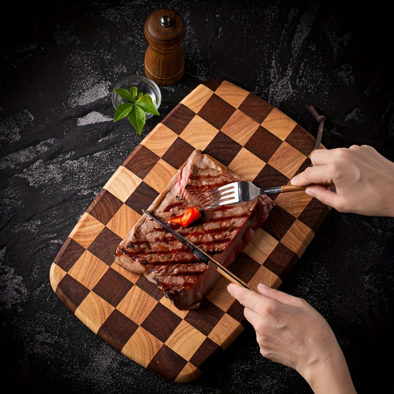 Checkered Pattern Rubber Wood Cutting Board Double-Sided Food Safe Chopping Block
