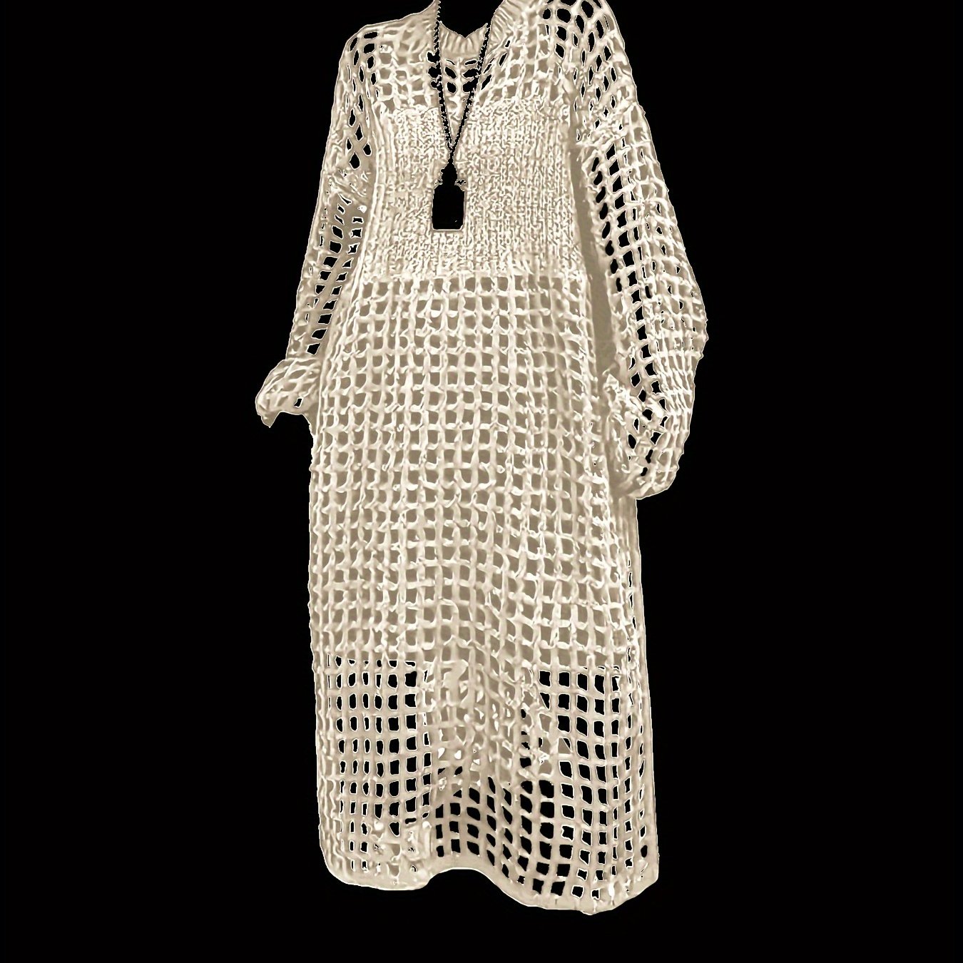 Qora to'qilgan plyaj kiyimi, uzun qo'l, bo'sh joyli, tənəffüs qiladigan polyester aralashmasi, ta'til uchun kiyinadigan qoplama