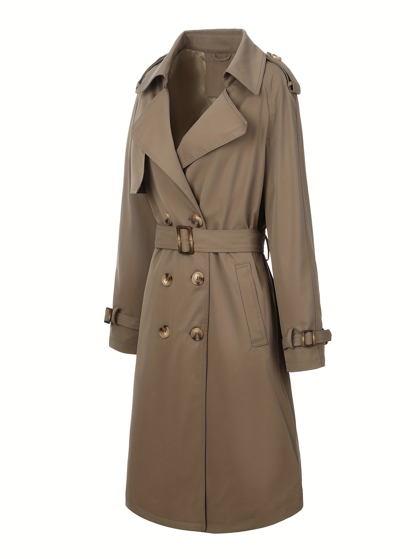 Women's Beige Polyester Trench Coat with Belt, Mid-Length, Double-Breasted for Fall and Winter