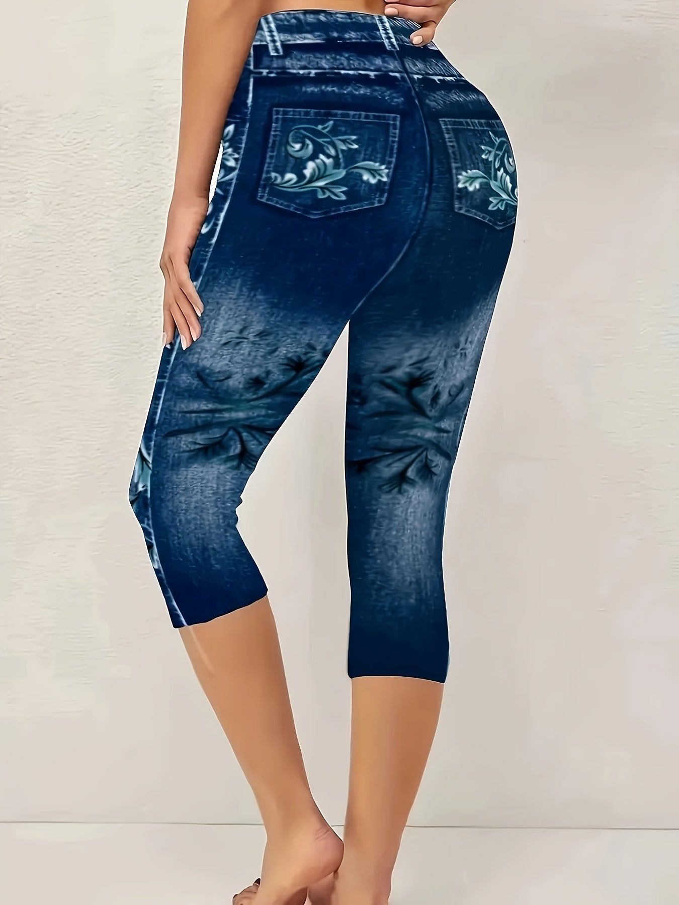 Plus Size Floral Print Capri Leggings Faux Denim Stretchy Casual Summer Women