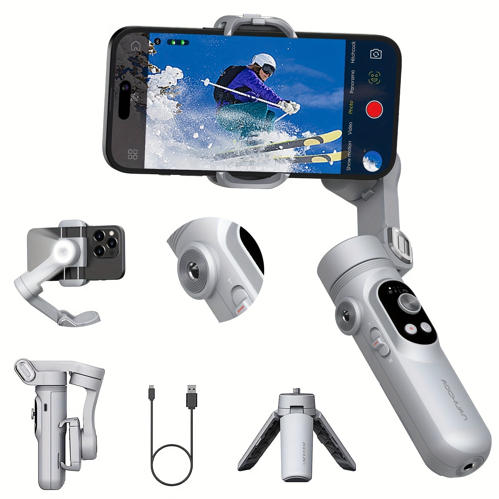 Estabilizador de gimbal para smartphone con luz LED integrada, plegable de 3 ejes para vlogging en iPhone y Android