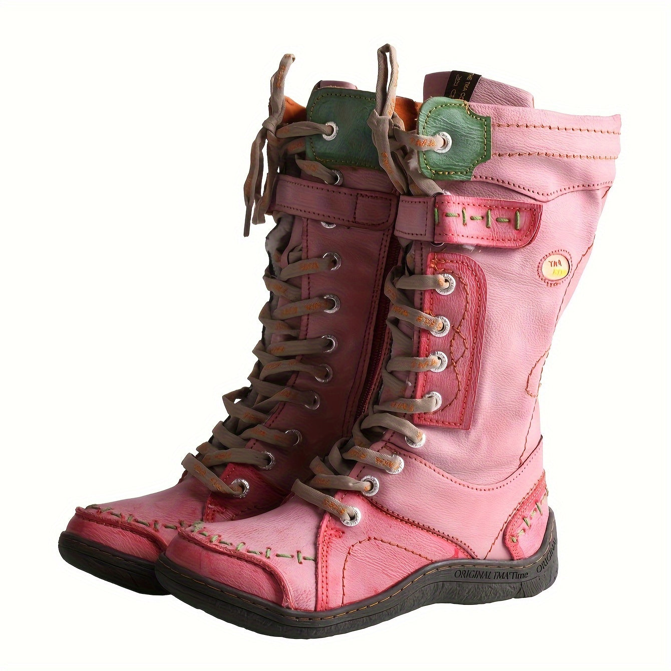 Women's Leather Fleece Lined Color-Blocking Hiking Boots Non-Slip Mid-Calf