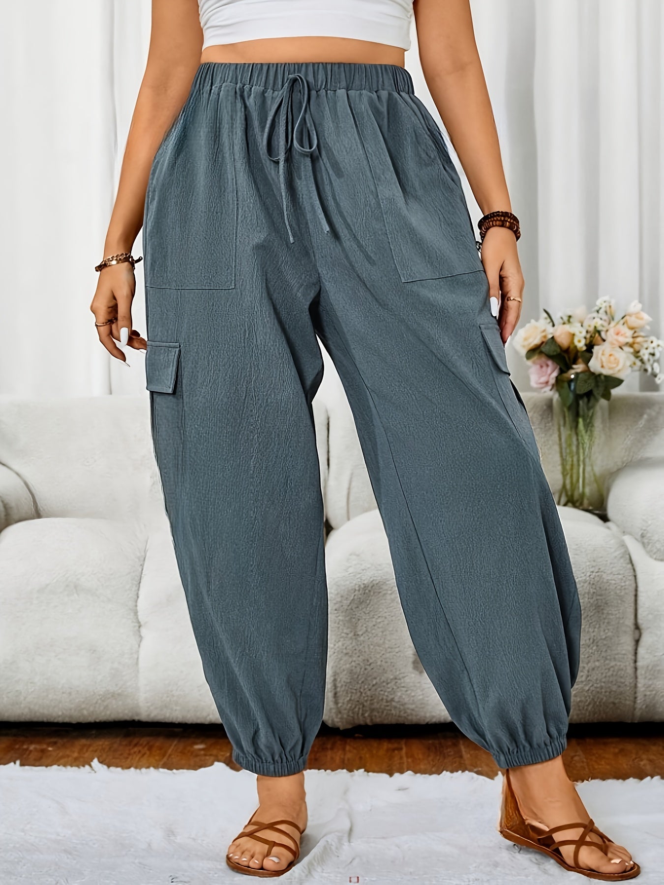 Plus Size Women's Jogger Pants Dark Grey Non-Stretchy Casual Lounge Trousers