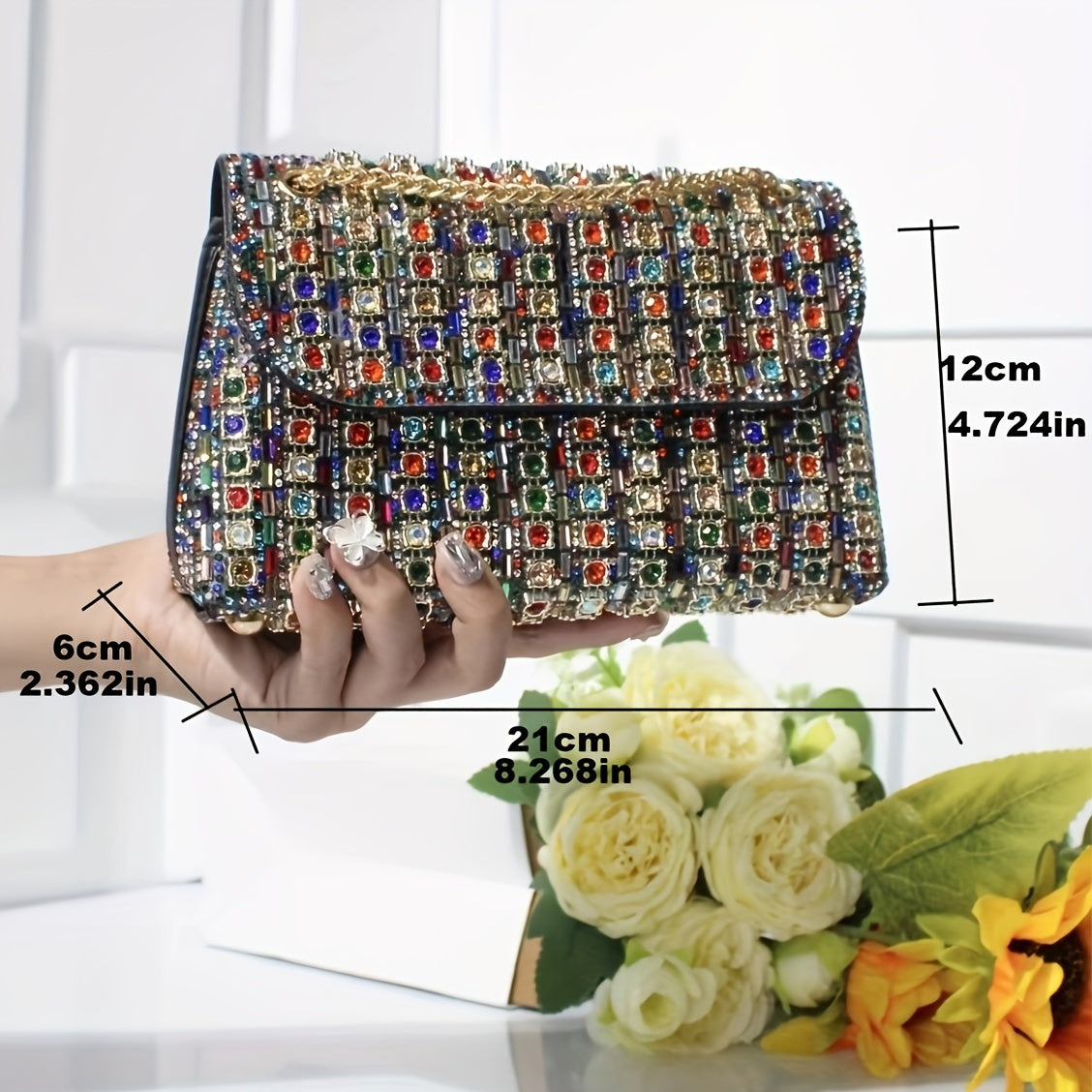 Women's Evening Clutch Bag with Rhinestones Beads Adjustable Strap Magnetic Closure