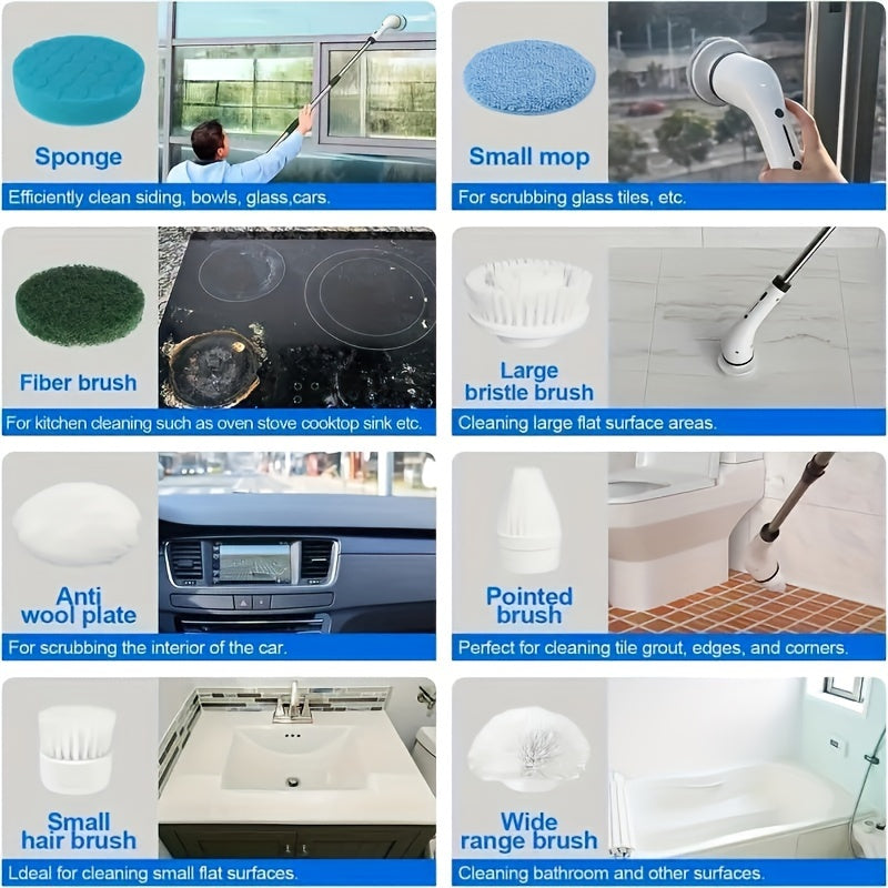 Беспроводная электрическая вращающаяся щетка с 8 сменными насадками, регулируемой выдвижной ручкой и 2 режимами скорости. Перезаряжаемая душевая щетка для 360-градусной очистки ванной, ванны, плитки и полов. Включает USB-C кабель для зарядки.