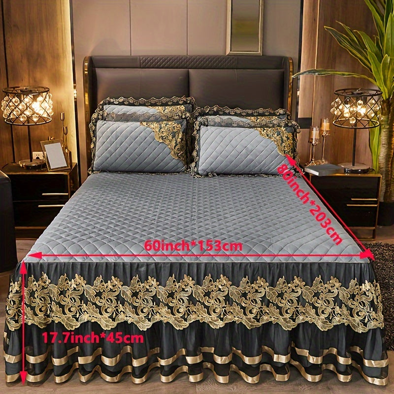 Solid Color Bed Skirt and Pillowcase Set with Lace Detail Quilted Ruffled Design