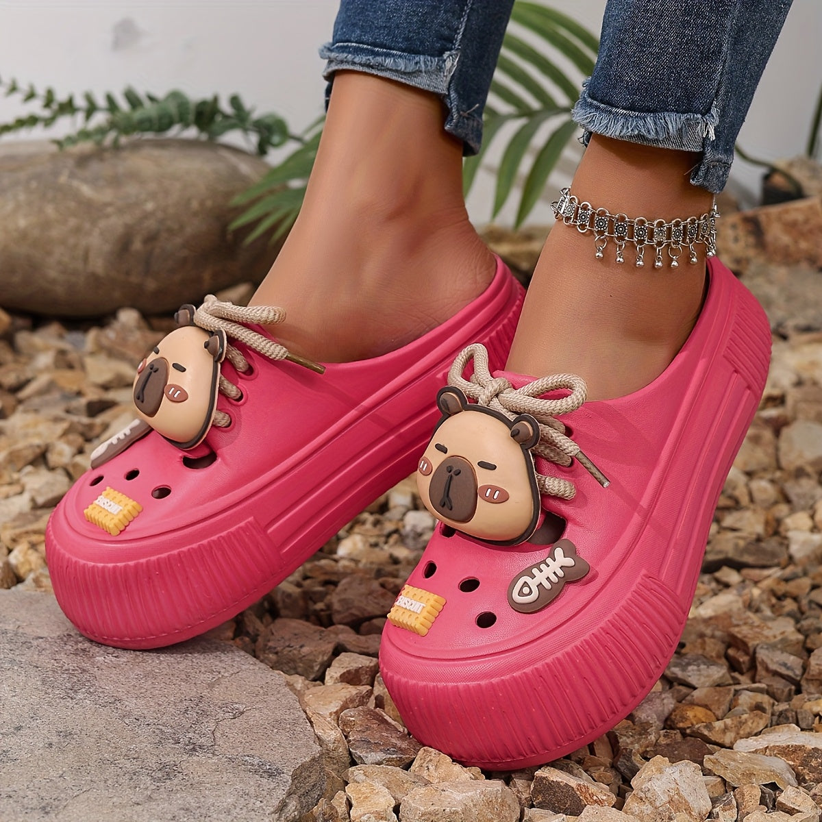 Women's Summer White EVA Clogs with Bear Charm and Thick Sole