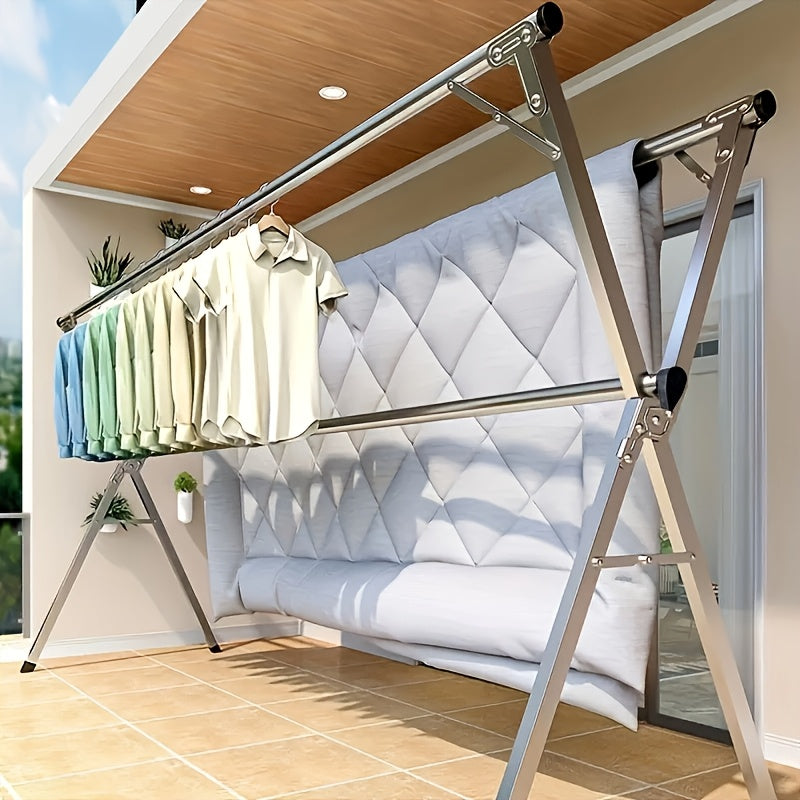 Foldable Metal Clothes Drying Rack with Adjustable Double Rods and Windproof Hooks