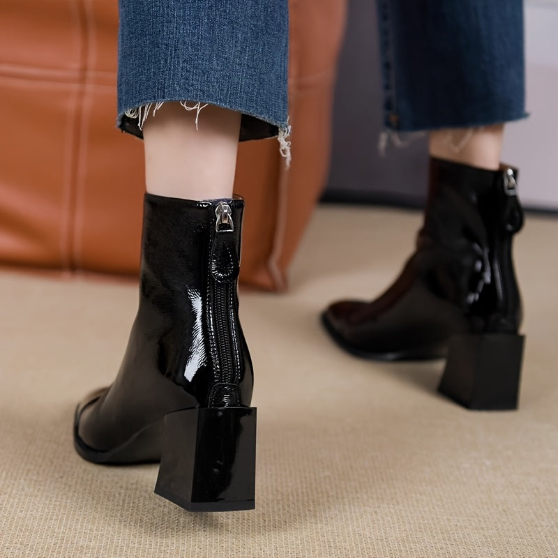 Women Ankle Boots Square Toe Faux Leather Chunky Heel All-Season