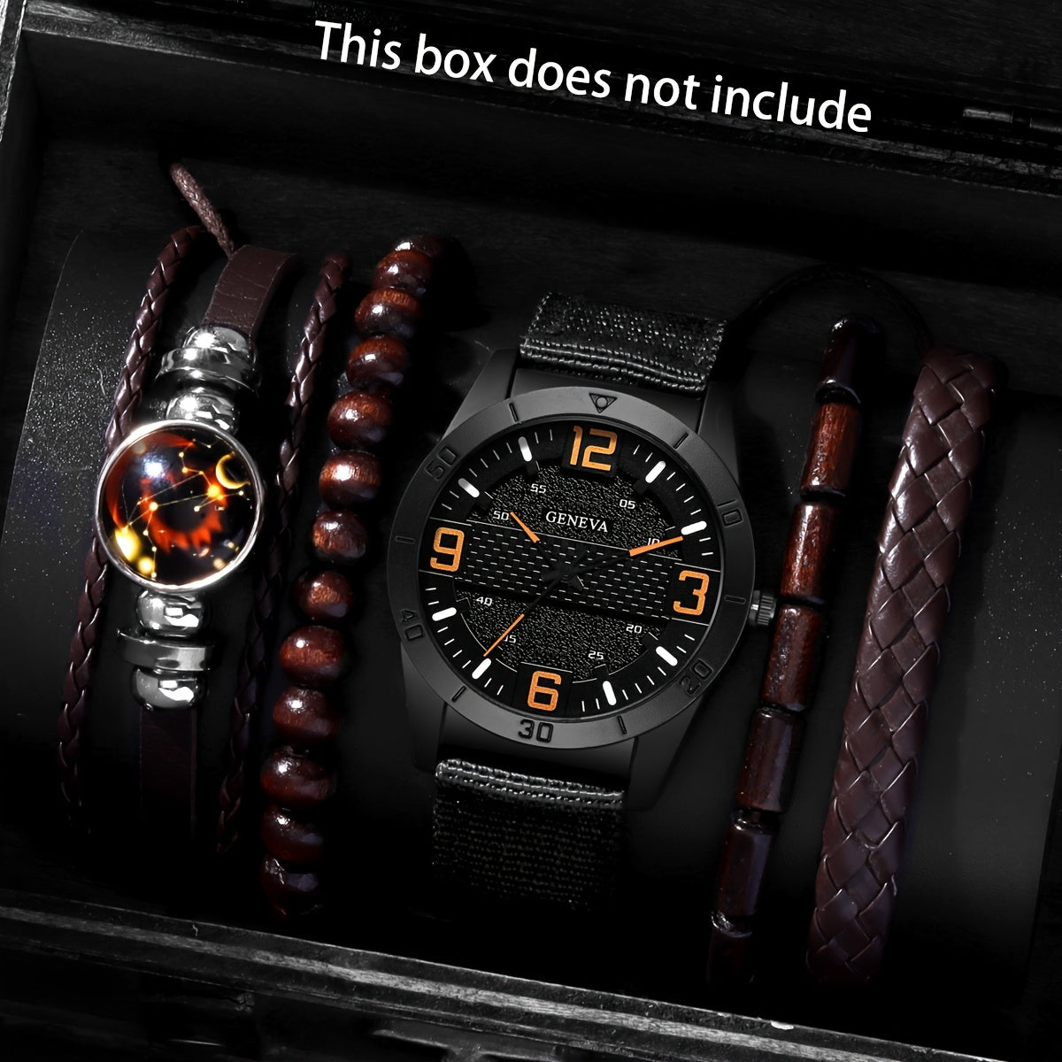 Men's Vintage Quartz Wristwatch Set with Round Dial Alloy Case Canvas Strap Wooden Bead Bracelet