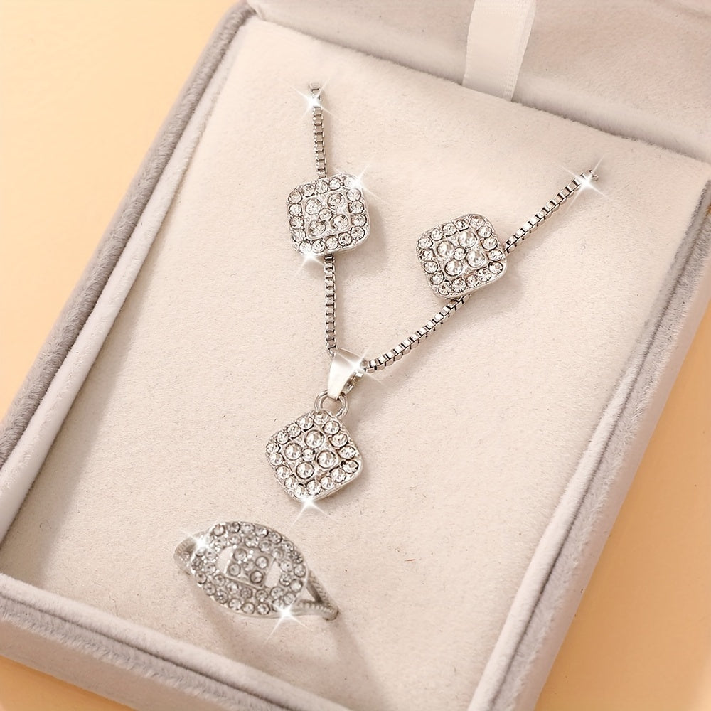 Set of 4 Elegant Rhinestone Square Pendant Jewelry for Women Daily Party Gift