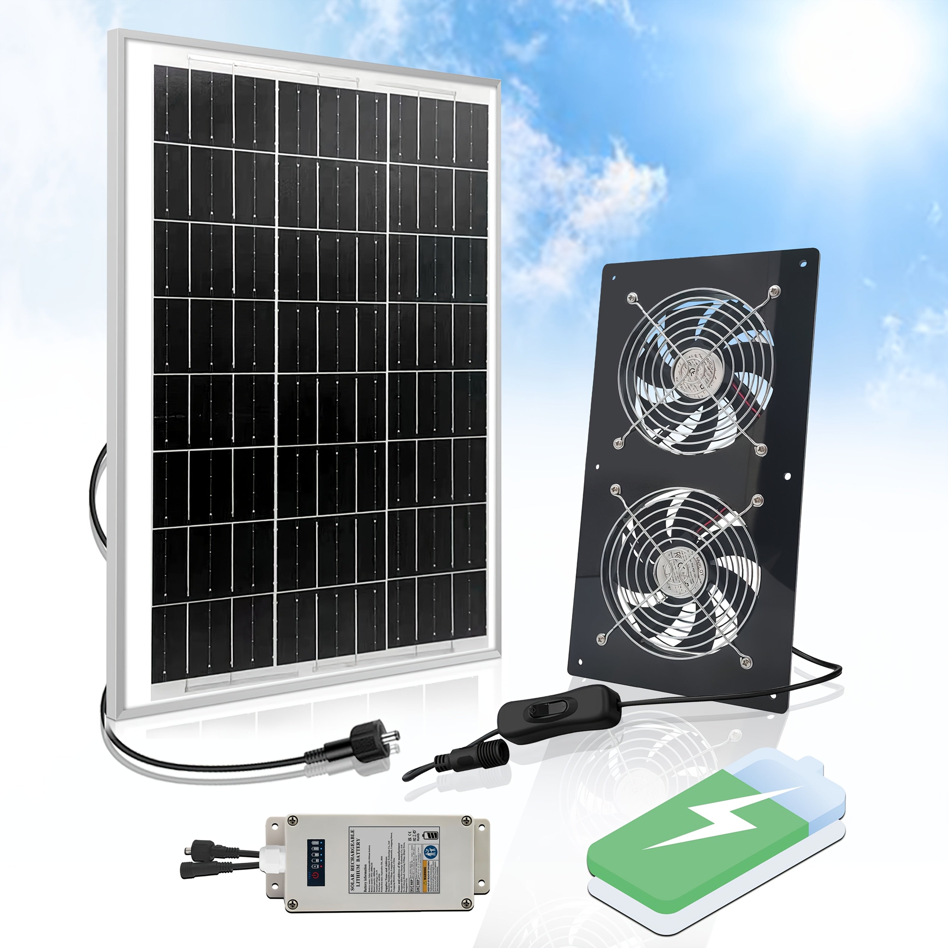 Quyosh energiyali chiqarish ventilyatori 25W, 4000mAh batareyali, ichki va tashqi sovutish uchun