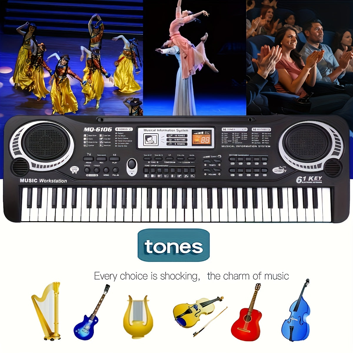 Black 61-Key Digital Piano Keyboard with Microphone Battery and USB Power