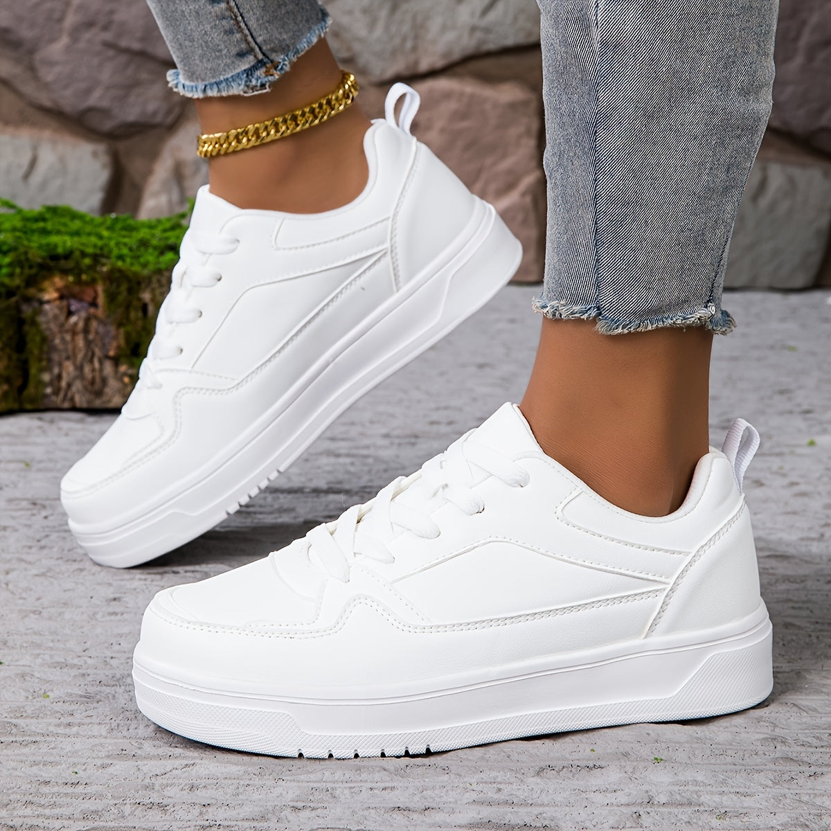 Women's White Casual Low-Top Sneakers with EVA Insole and Breathable PU Cover