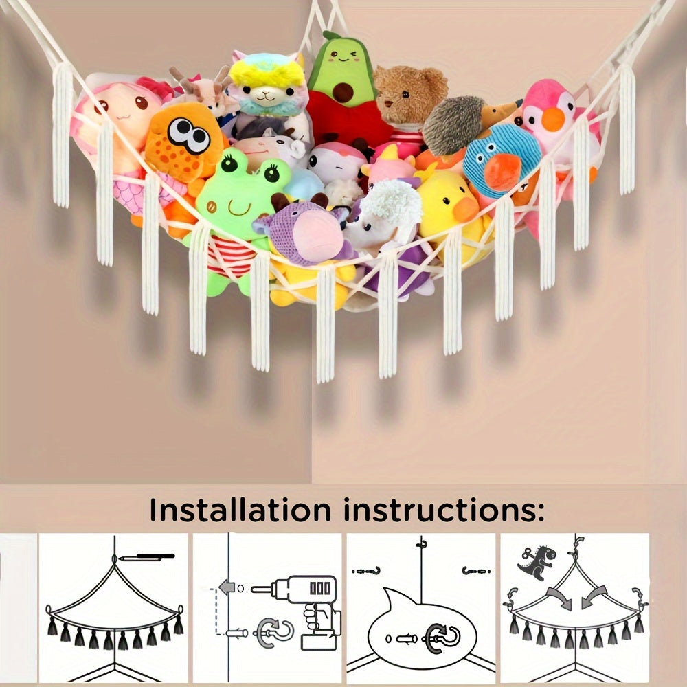 Подвесная бохо-сумка для хранения мягких игрушек - белая сетка для игрушек или гамак, органайзер из макраме для угла - идеальный подарок на Рождество или Хэллоуин