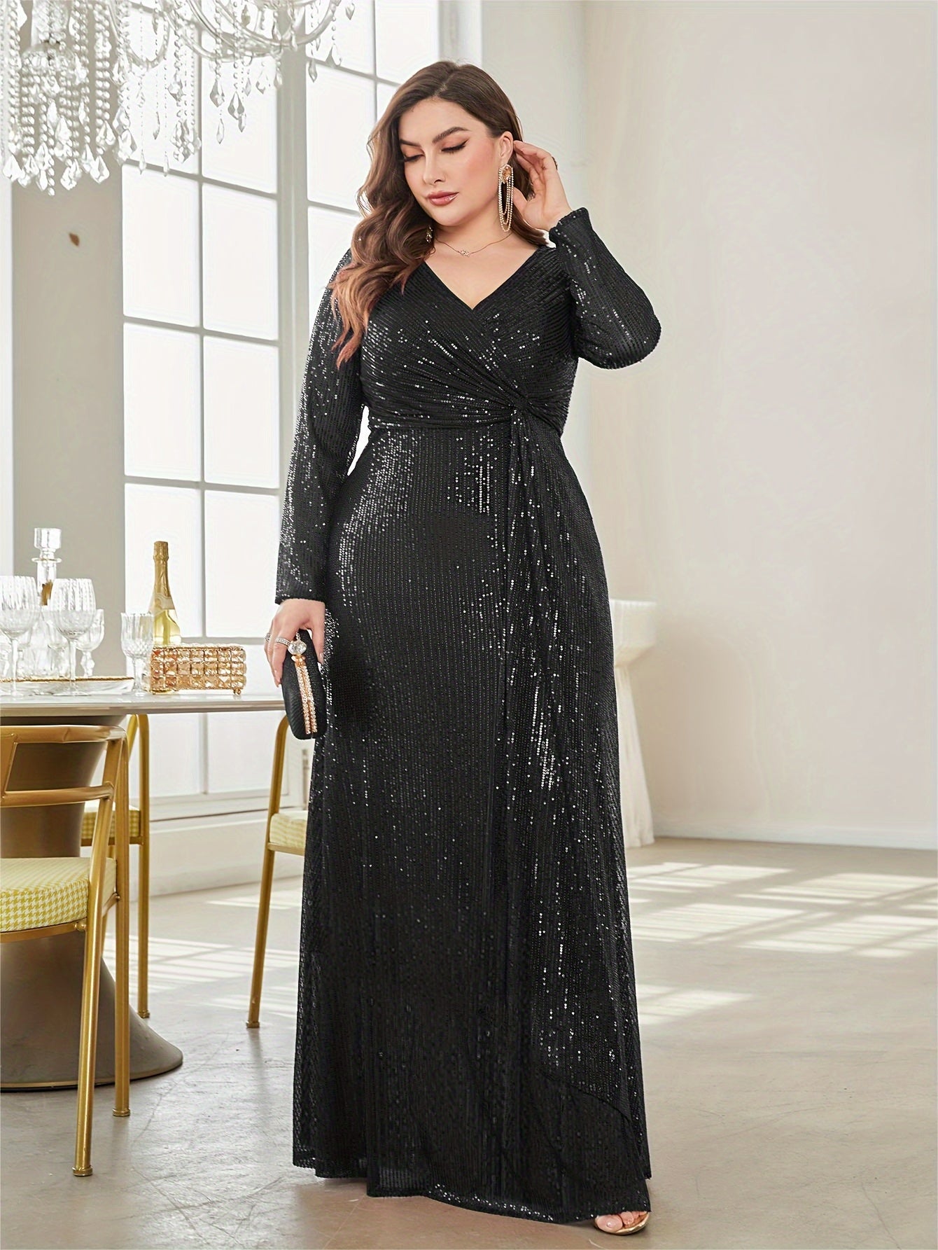 Women's Sequin Elegant Party Wedding Dress V-Neck Long Sleeve A-Line Mermaid