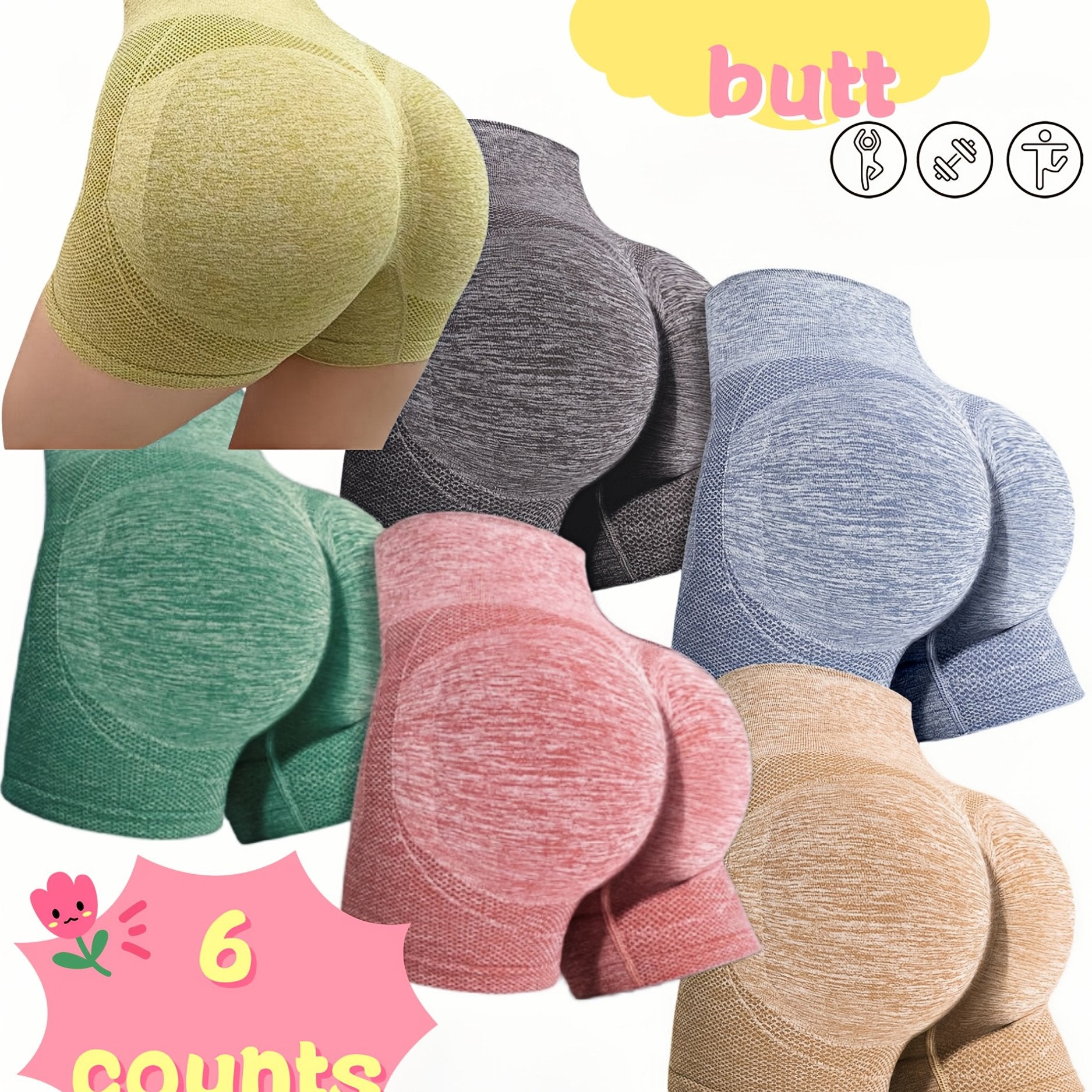 Women's Mid Elastic Polyester Butt-Lifting Shorts for Yoga Sports and Fitness Set of Six