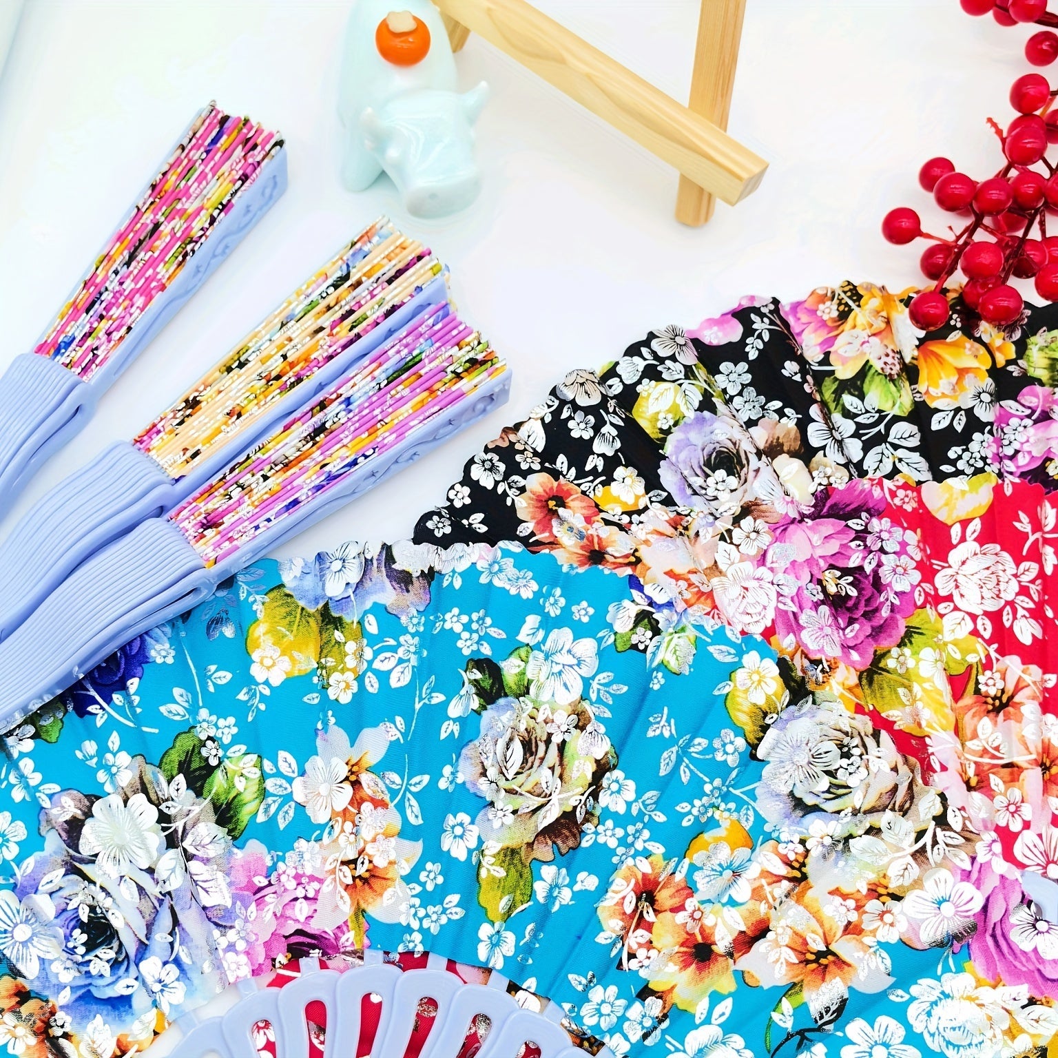 12 Elegant Floral Linen Texture Handheld Fans with Golden Accents and Folding Design