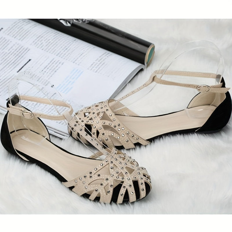Women's Rhinestone Decor Flat Sandals Closed Toe T-Strap Ankle Strap
