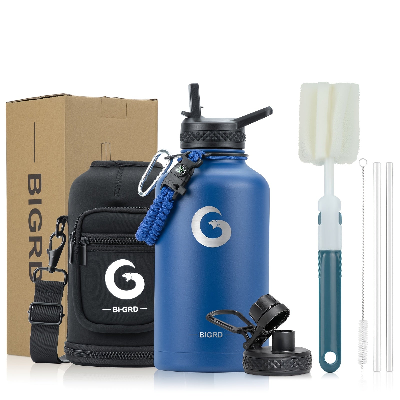 Insulated Water Bottle 40oz/1183ml or 64oz/1893ml Stainless Steel Vacuum with Paracord Handle and Straw Spout