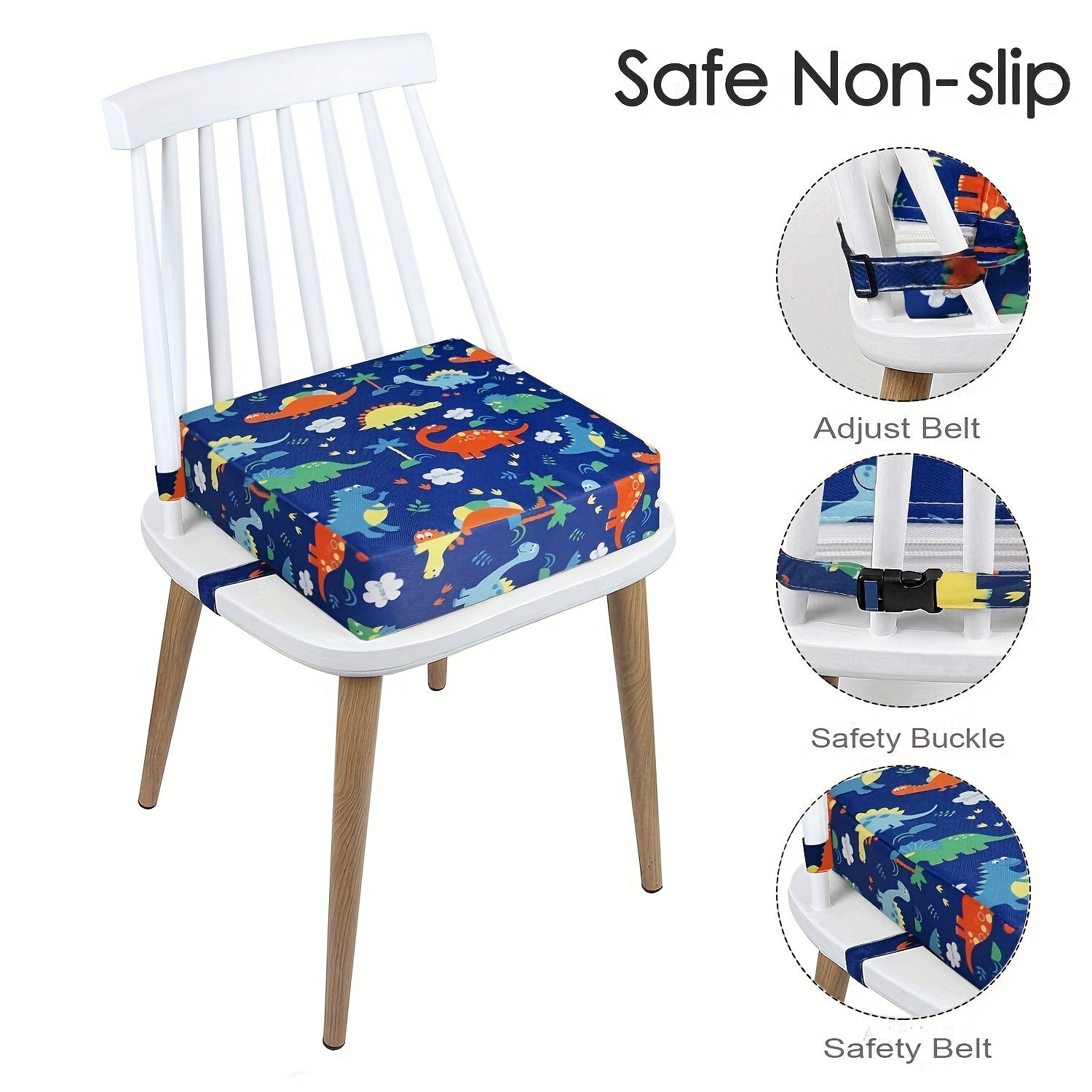 Blue Dinosaur Toddler Booster Seat for Dining Travel Washable with Safety Straps
