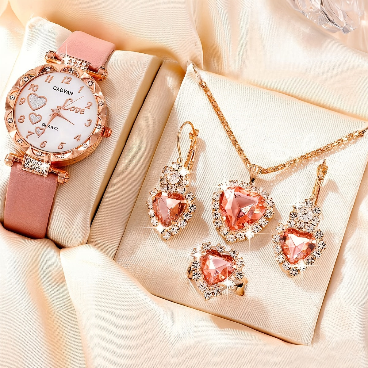 Women's Watch Set with Heart Design and Rhinestone Accents, Includes Matching Jewelry