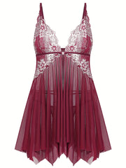 Women's Floral Embroidered Lingerie Dress Plus Size Mesh Slip with Thong