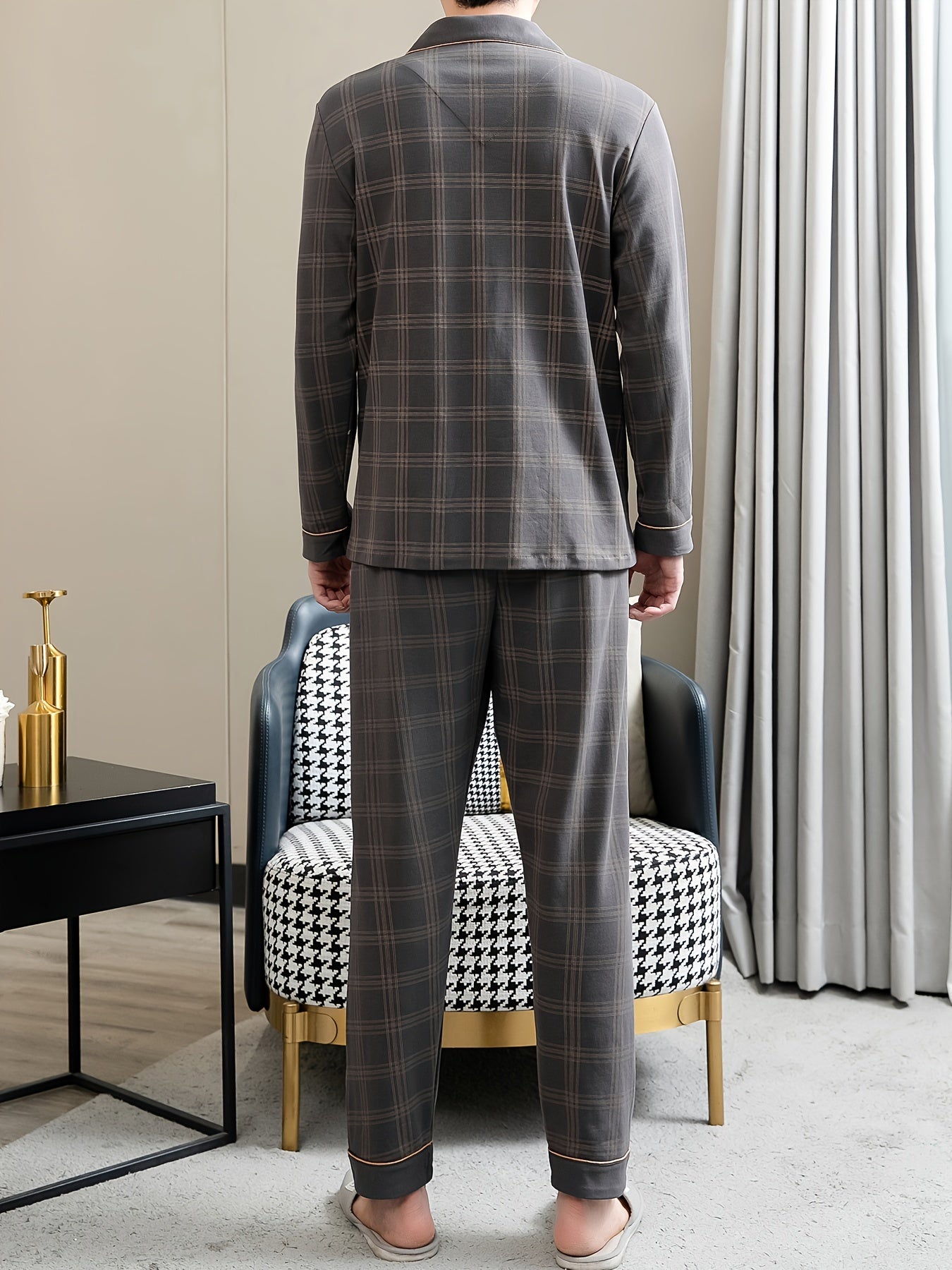 Conjuntos de pijama de algodón para hombre, camisa de manga larga y pantalones, cuadros marrones, ropa de descanso para primavera y otoño