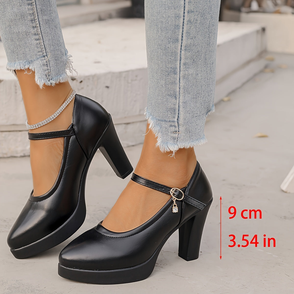 Women's Black Synthetic Pointed-Toe Block Heel Mary Jane Pumps for Office and Formal Events