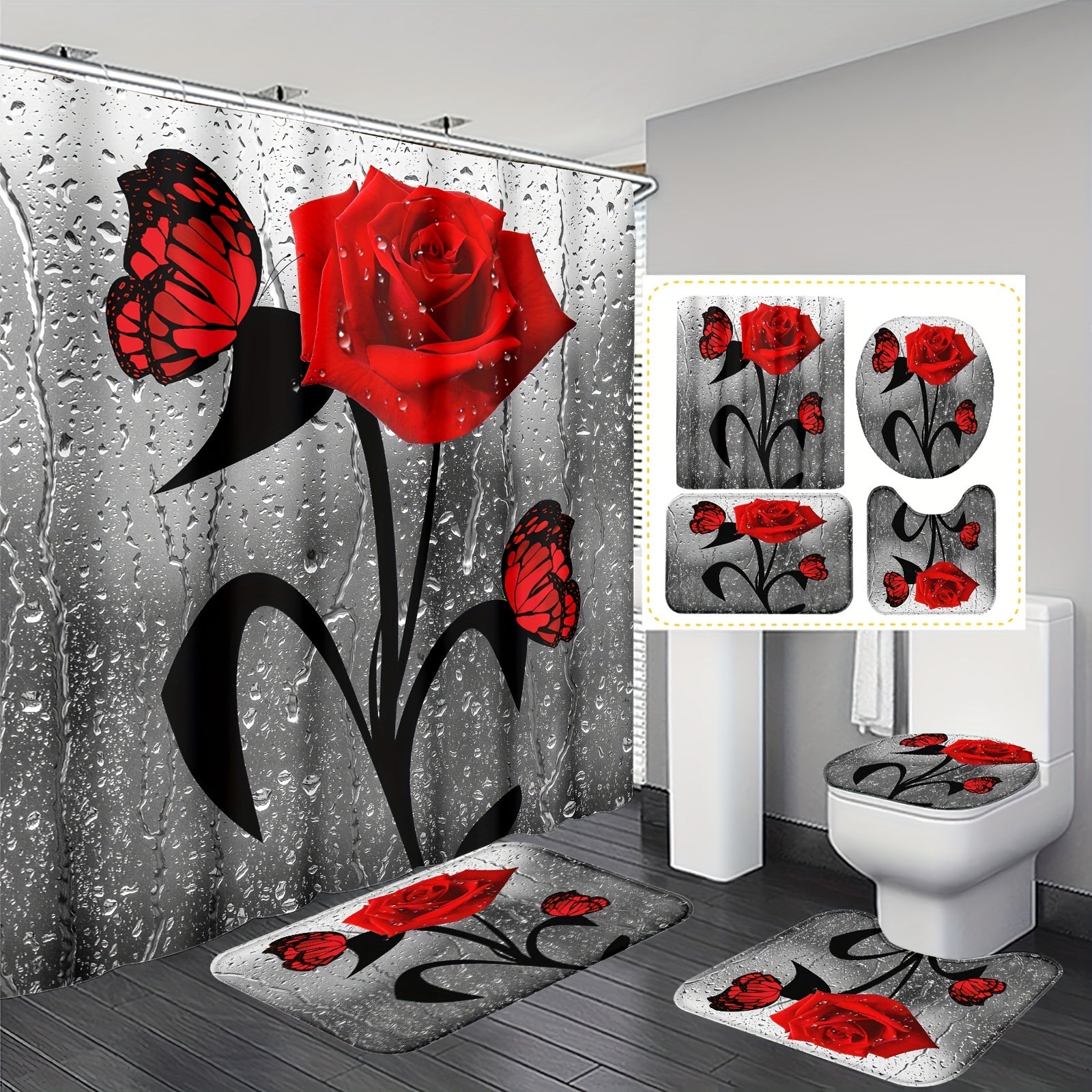 Water Drop Rose Printed Bathroom Shower Curtain Set with Hooks Non-Slip Mat Toilet Lid Mat Bathtub Partition