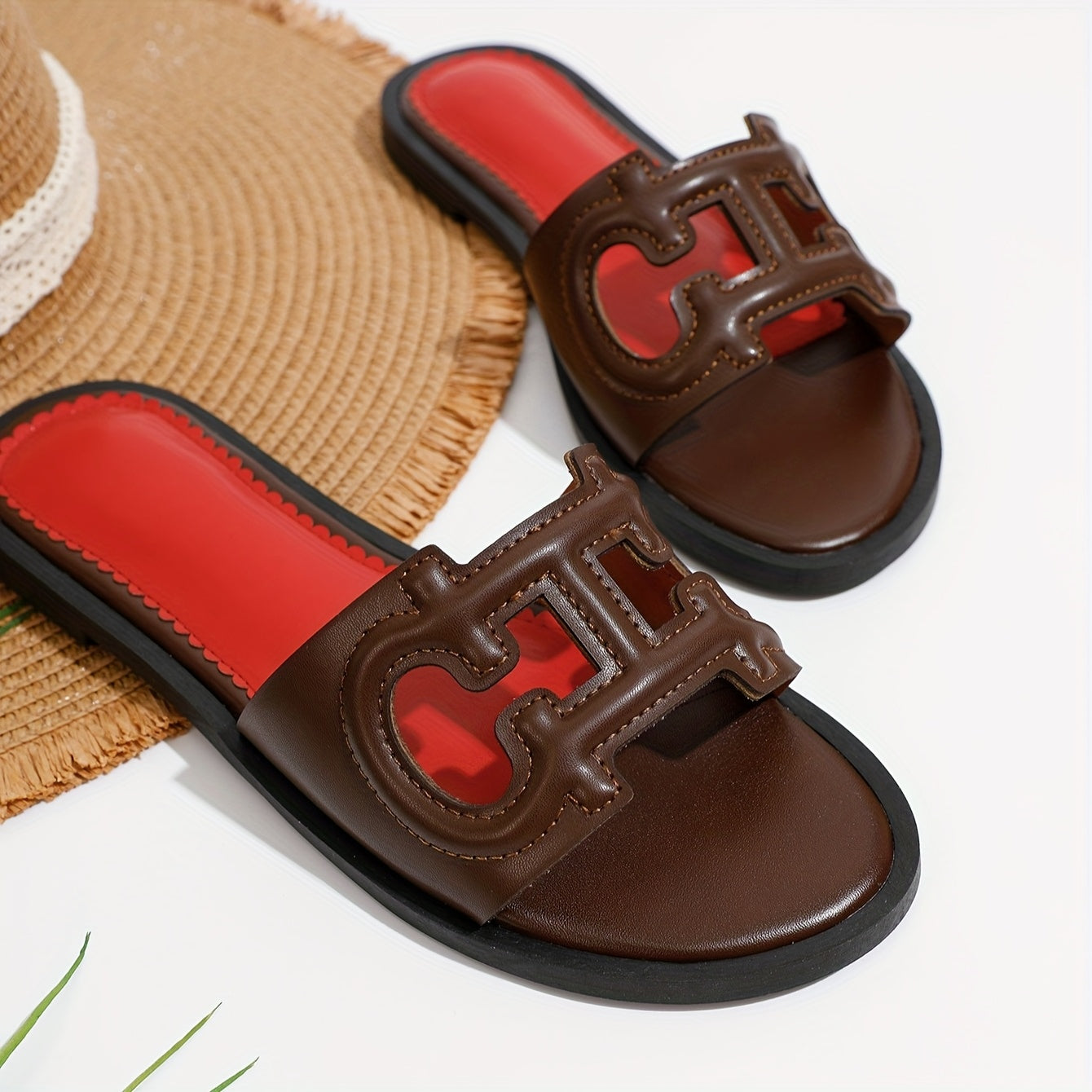 Women's Black Flat Sandals with Red Accents Slip-On Summer Casual