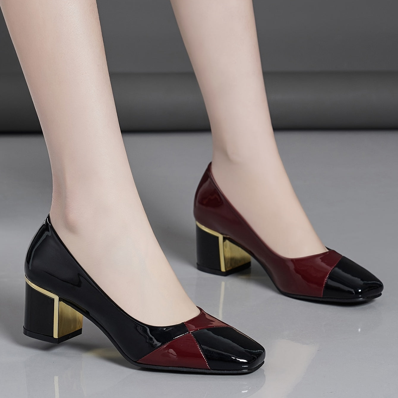 Women's Chunky Heels Square Toe Slip-On Shoes for Fall with Contrasting Colors
