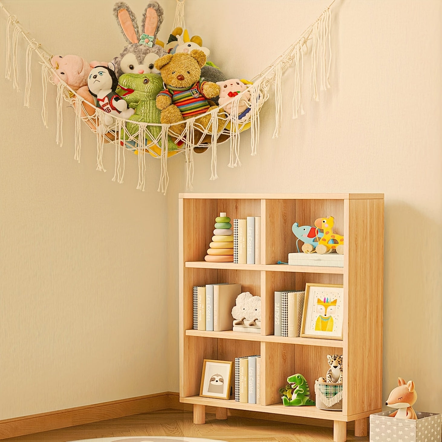 Cotton Plush Toy Storage Net Organizer with Hooks for Kids Room Nursery White