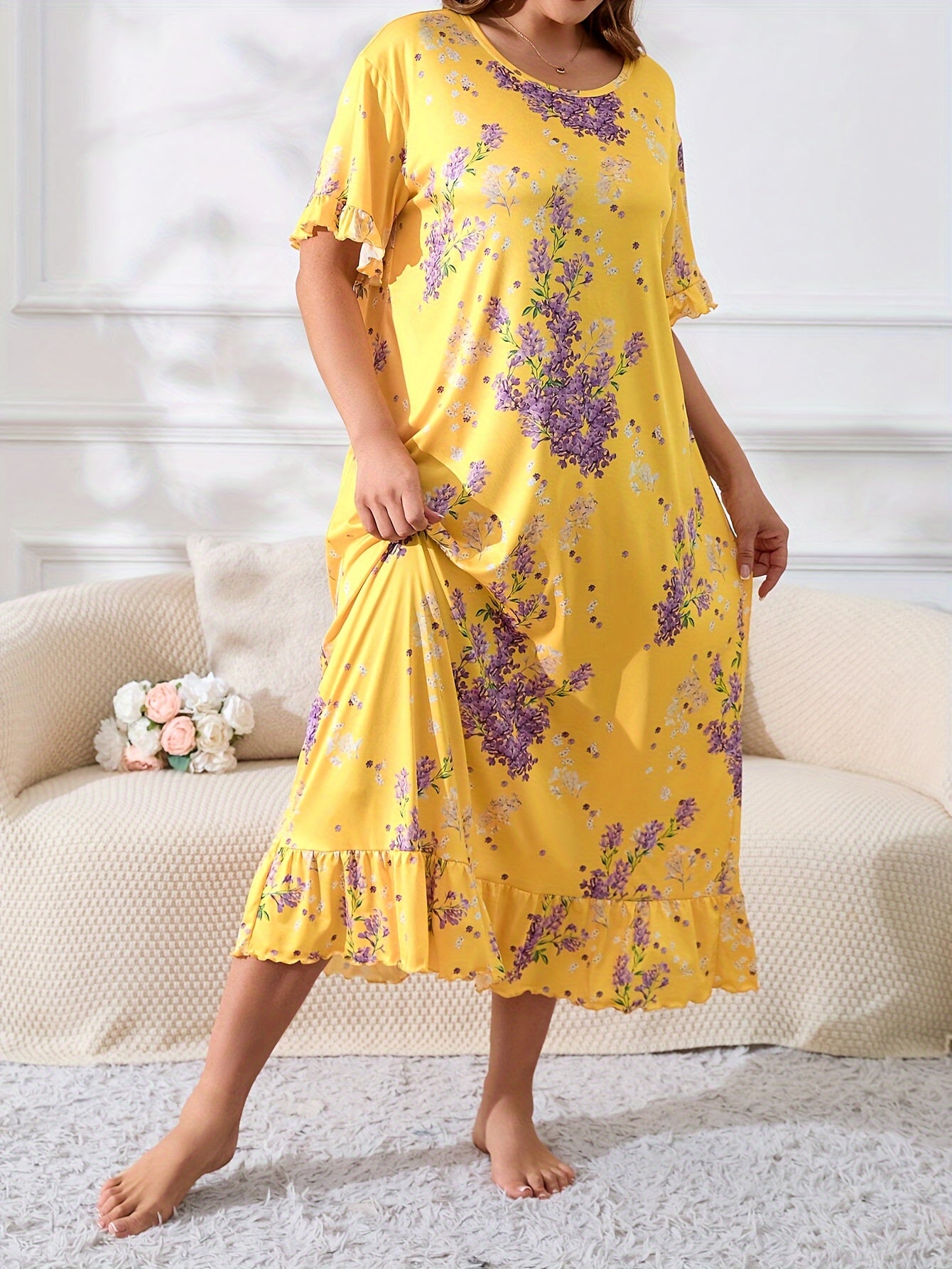 Plus Size Women's Floral Print Short Sleeve Nightdress Ruffle Trim
