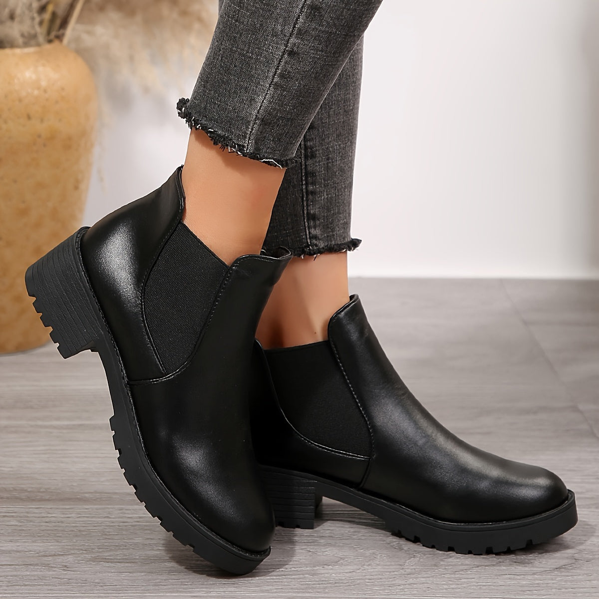 Women's Faux Leather Chelsea Boots Black Low Heel Slip-On Ankle Shoes