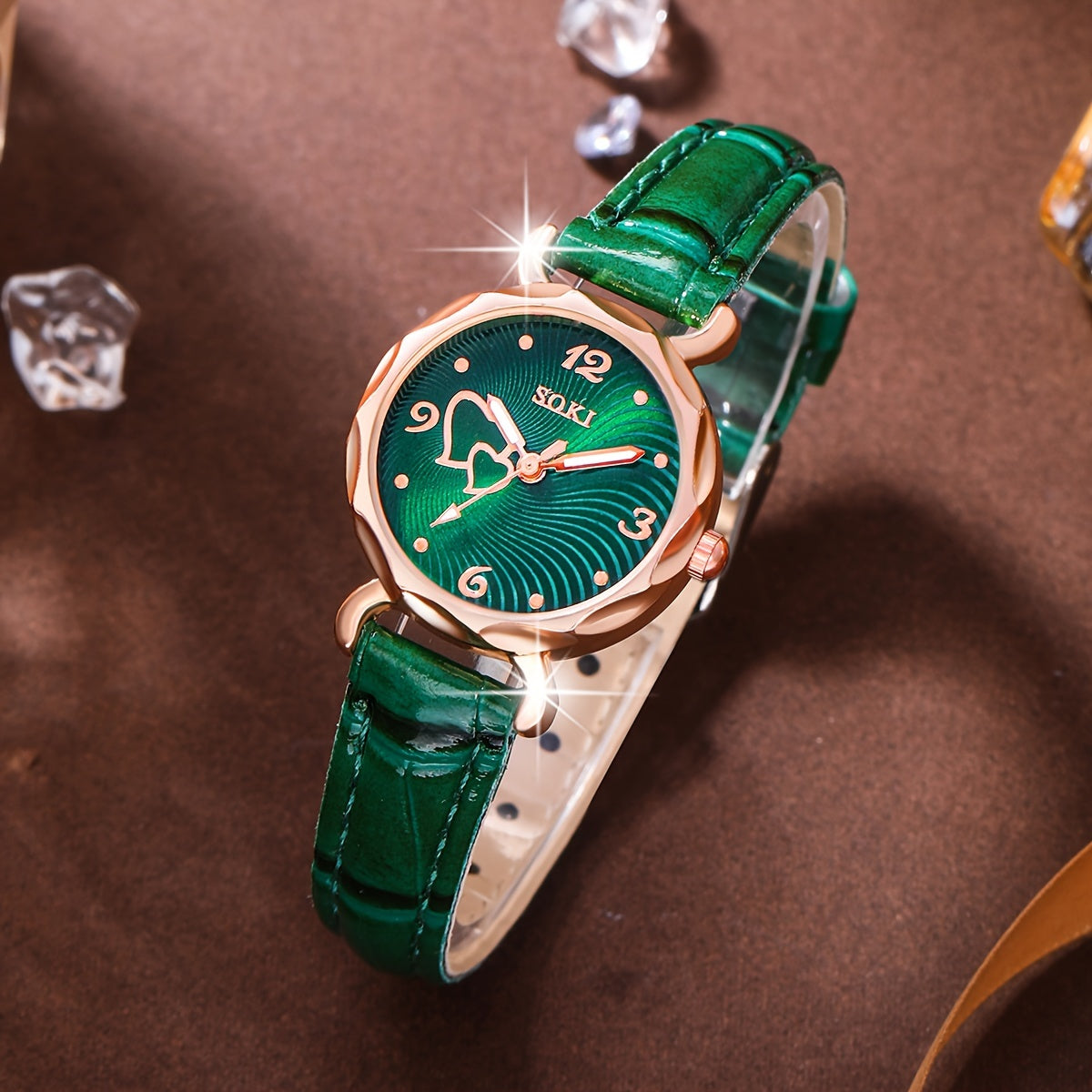 Ladies' Quartz Watch with Peach-Shaped Dial and Matching Heart Jewelry Set